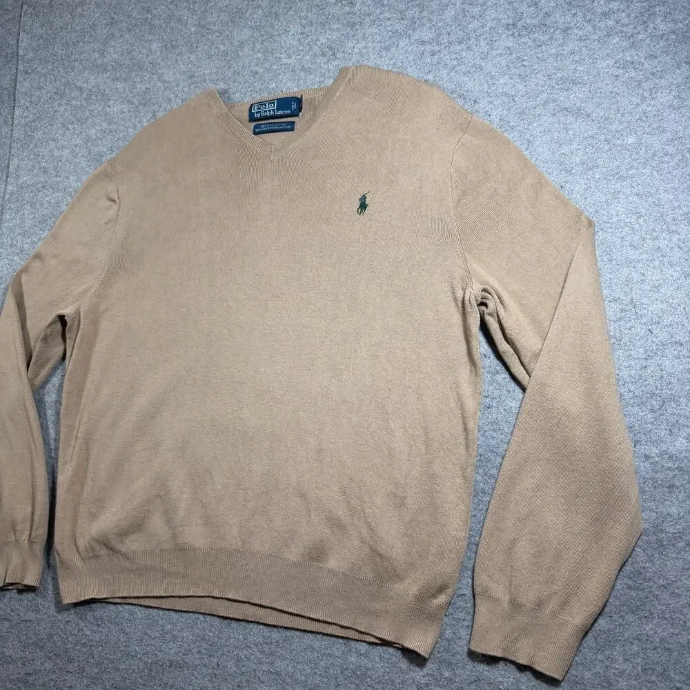Vintage 90s Polo Ralph Lauren Pima Cotton Sweater Mens L Tan V-Neck Preppy Knit